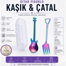 Jojobebek Gökkuşağı Renk Gitar Tasarımlı Paslanmaz Çelik Kaşık ve Paslanmaz Çelik Çatal + Saklama Kutusu