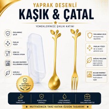 Yaprak Tasarımlı Gold Renk Paslanmaz Çelik Kaşık ve Çatal + Saklama Kutusu