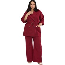 Disentis Modest Büyük Beden Truvakar Kollu Ceket Bol Paça Pantolon Bordo Ikili Takım