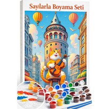 Aren Design Sayılarla Boyama Çerçeveli Hobi Seti Numaralı Tuval Fırça Boya Dahil Kedili Galata 40X50