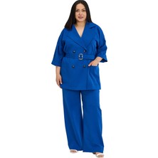 Disentis Modest Büyük Beden Truvakar Kollu Ceket Bol Paça Pantolon Saks Mavi Ikili Takım
