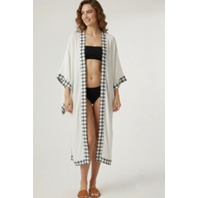 Deriderim Luna Ekru Kareli Desen Şeritli Plaj Kimono Kaftan