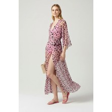 Deriderim Pembe Siyah Puantiyeli Kaftan Plaj Elbisesi