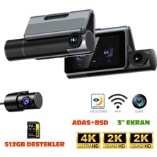 Navimex DVR-413 3" Araç Içi Kamerası Dvr Wi-Fi LCD Ekranlı Gece Görüşlü Adas+Bsd 3 Kameralı 4k+2k+2k