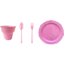 Omeyva 26 Cm. Plastik Mika Pembe Sorfa Piknik Seti - 48 Kişilik Tabak Bardak Çatal Kaşık Takımı