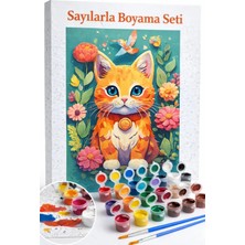 Aren Design Sayılarla Boyama Çerçeveli Hobi Seti Numaralı Tuval Fırça Boya Dahil Çiçekli Kedi 40X50