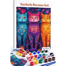 Aren Design Sayılarla Boyama Çerçeveli Hobi Seti Numaralı Tuval Fırça Boya Dahil Üç Kedi 40X50CM