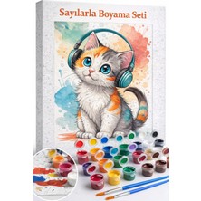 Aren Design Sayılarla Boyama Çerçeveli Hobi Seti Numaralı Tuval Fırça Boya Müzik Dinleyen Kedi 40X50