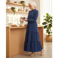 Moda Morfo Yarım Düğmeli Parçalı Bağcıklı Elbise -Koyu Mavi