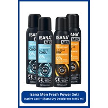 Isana Men Fresh Power Deodorant Seti: Active Cool + Ekstra Dry Deodorant 4X150 ml