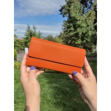 Norvi Leather Saraciye Dikişli Telefon Bölmeli Hakiki Deri Cüzdan Turuncu 1052