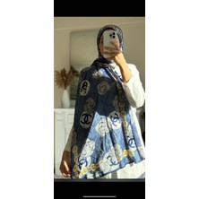 Buscarfs Lacivert Çiçek Desen Ipek Şal