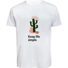 Unisex Keep Life Simple Kaktüs Baskılı Tişört Pamuk Penye Süprem Basic