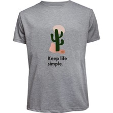 Unisex Keep Life Simple Kaktüs Baskılı Tişört Pamuk Penye Süprem Basic