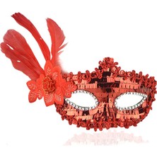 Kırmızı Payetli Pullu Tüylü Parti Maskesi Midastech