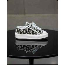 Evlium Dior Desenli Kadın Beyaz Canvas Platform Taban Bağcıklı Sneaker Ayakkabı