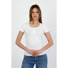 Hdm Kadın Esnek Fitilli Yakası Çıtçıtlı Ekru Kısa Kol Basic Örme Bluz - H5993
