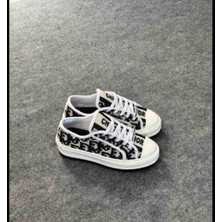 Evlium Dior Desenli Kadın Beyaz Canvas Platform Taban Bağcıklı Sneaker Ayakkabı
