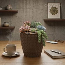 Okacih Dekoratif Hasır Desenli Saksı 1.6 Lt 14 cm Rattan Görünümlü Modern Iç Mekan Saksısı