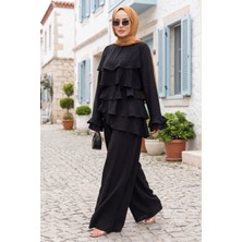 Ebru Tesettür Kat Kat Fırfırlı Tunik Pantolon Ikili Takım Siyah