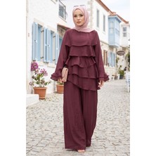 Ebru Tesettür Kat Kat Fırfırlı Tunik Pantolon Ikili Takım Bordo