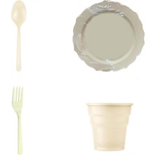 Omeyva 26 Cm. Sert Plastik Mika Krem Sorfa Piknik Seti - 72 Kişilik Tabak Bardak Çatal Kaşık Takımı