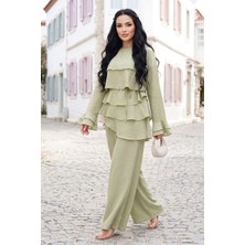 Ebru Tesettür Kat Kat Fırfırlı Tunik Pantolon Ikili Takım Mint