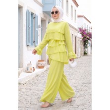 Ebru Tesettür Kat Kat Fırfırlı Tunik Pantolon Ikili Takım Sarı