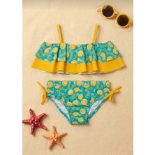 Kız Çocuk Limon Desenli Fırfırlı Bikini Takımı Sarı Turkuaz