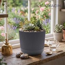Okacih Modern Ribbed Çizgili Saksı 18 cm 4 Litre Dekoratif Iç Mekan Saksı