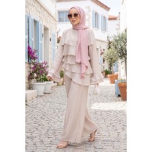 Ebru Tesettür Kat Kat Fırfırlı Tunik Pantolon Ikili Takım Taş