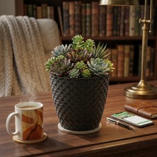 Okacih Dekoratif Hasır Desenli Saksı 1.6 Lt 14 cm Rattan Görünümlü Modern Iç Mekan Saksısı