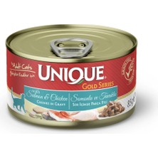 Unique Gold Series Konserve Yaş Kedi Maması 85 gr Somonlu & Tavuklu (Sos Içinde Parça Etli) 12 Adet