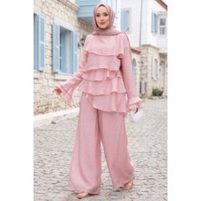 Ebru Tesettür Kat Kat Fırfırlı Tunik Pantolon Ikili Takım Pembe