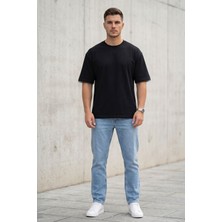 Lupinn Erkek Siyah Oversize Tişört Bisiklet Yaka Basic Rahat Kalıp Günlük T-Shirt