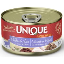 Unique Gold Series Konserve Yaş Kedi Maması 85 gr Tavuklu & Ciğerli (Sos Içinde Parça Etli) 12 Adet