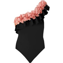 Lovekini Valentina Black Kids Swimsuit With Pink Chiffon Flowers Details