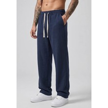 Danger Erkek Baggy Kalıp Beli Lastikli %100 Pamuk Keten Görünümlü Pantolon Lacivert 1007DNGR