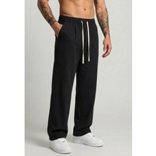 Danger Erkek Baggy Kalıp Beli Lastikli %100 Pamuk Keten Görünümlü Pantolon Siyah 1007DNGR