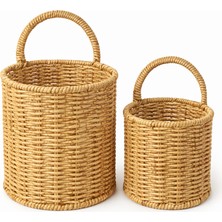 Mis Kitchen Rattan Hasır Sepet Yuvarlak 2’li Set Duvar Sepeti Mutfak Banyo Organizer Kahve Köşesi Dekoru