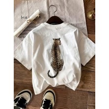 Oksit Oversize Arkası Leopar Baskılı Pamuklu Kadın T-Shirt Büyük Beden Kadın Tshirt