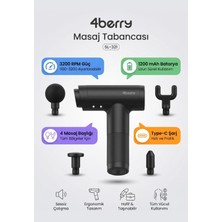 4Berry SL-321 4 Başlıklı Şarjlı Masaj Tabancası – Derin Doku Kas Rahatlatıcı, Type-C Şarjlı, 3200 Rpm