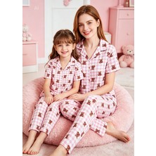 NiCe İç Giyim Anne & Kız Kombin Pijama Takım Pembe Beyaz Ekoseli Gömlek Yaka Kısa Kol Düğmeli Milan Kumaş ( Ayrı Satılır)
