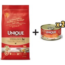 Unique Tavuklu Düşük Tahıllı Sterilised Kedi Maması 1,5 kg + 2 Adet Unique Gold Series Tavuklu Konserve Yaş Kedi Maması 85 gr