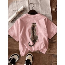 Oksit Oversize Arkası Leopar Baskılı Pamuklu Kadın T-Shirt Büyük Beden Kadın Tshirt