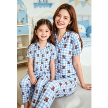 NiCe İç Giyim Anne & Kız Kombin Pijama Takım Mavi Beyaz Ekoseli Ayıcık Desen Milan Kumaş Gömlek Yaka Kısa Kol (Ayrı Satılır)
