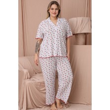 Wordex Mrn 1850 Çilekli Pointel Ince Kumaş Düğmeli Kısa Kollu Büyük Beden Kadın Pijama Takımı