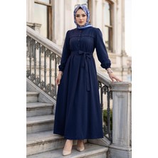 Hafsa Mina Beli Kuşaklı Terikoton Elbise Lacivert HM2908