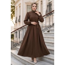 Hafsa Mina Beli Kuşaklı Terikoton Elbise Kahverengi HM2908