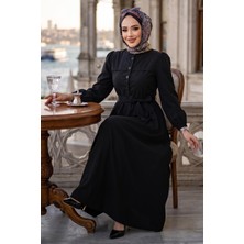 Hafsa Mina Beli Kuşaklı Terikoton Elbise Siyah HM2908